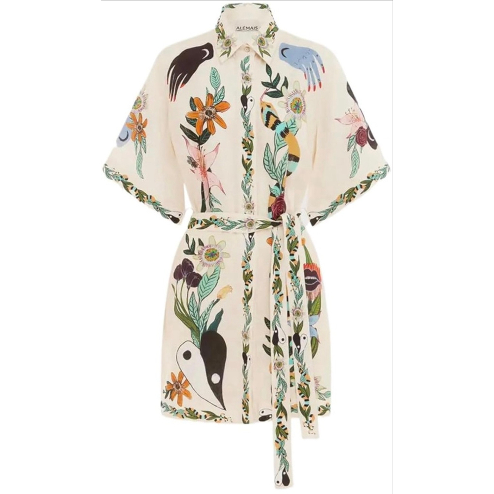NEW Colorful Vacation Floral Button Down Belted Shirt Dress XXS